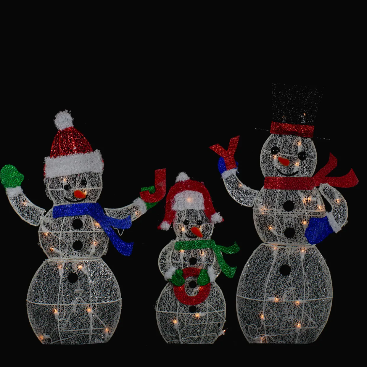 Lighted Glittering Mesh JOY Snowmen Outdoor Christmas Decoration - Warm White -Set 3