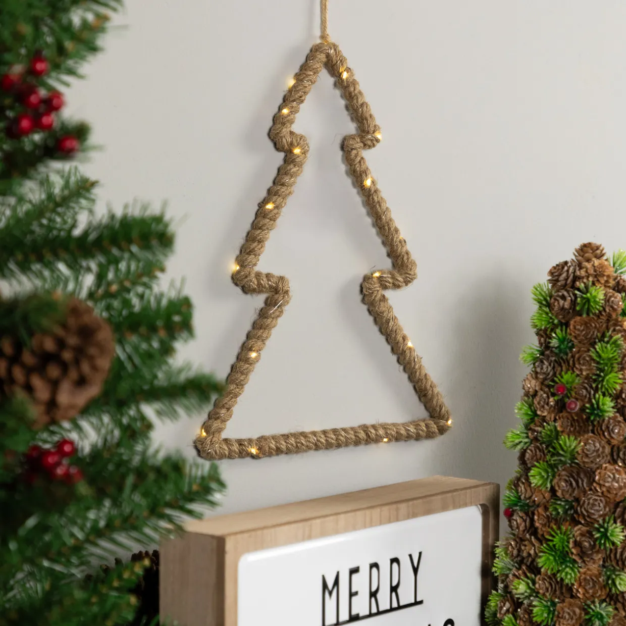 Lighted Jute Wrapped Pine Tree Silhouette Hanging Christmas Decoration - 14"