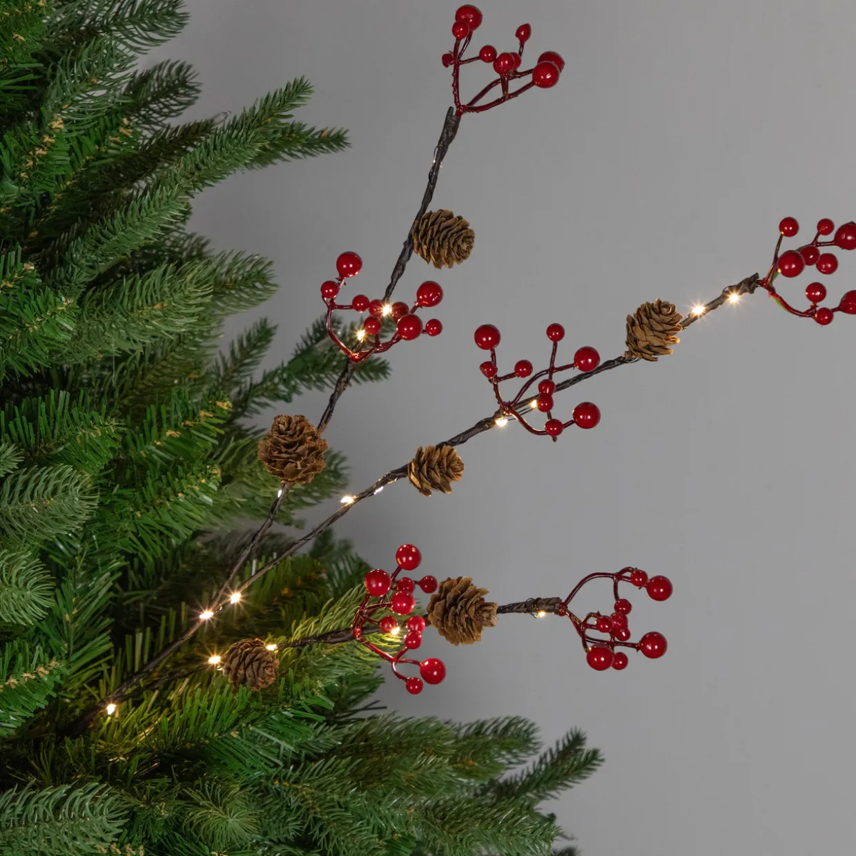 Lighted Pinecones and Berries Christmas Spray - 29" - Warm White