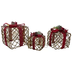 Lighted Rattan Christmas Gift Boxes with Pinecones - LED Warm White - Set of 3