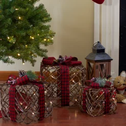 Lighted Rattan Christmas Gift Boxes with Pinecones - LED Warm White - Set of 3