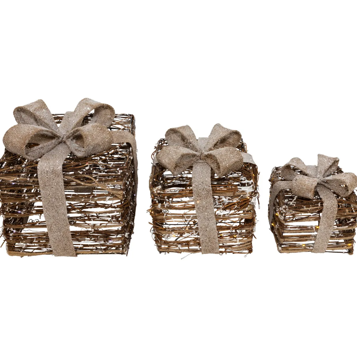 Lighted Rattan Gift Boxes with Burlap Bows Christmas Decorations - 9" - Set of 3