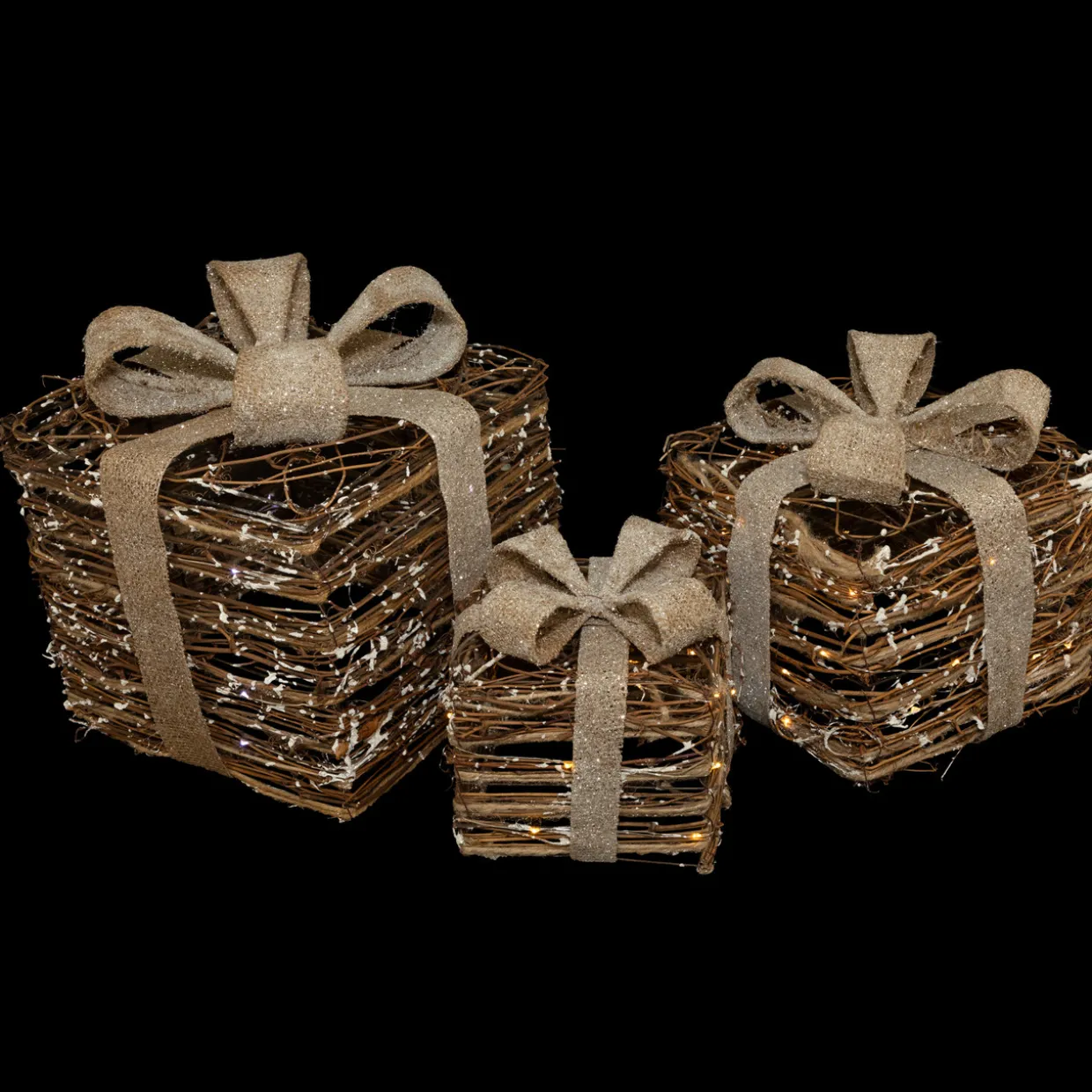 Lighted Rattan Gift Boxes with Burlap Bows Christmas Decorations - 9" - Set of 3