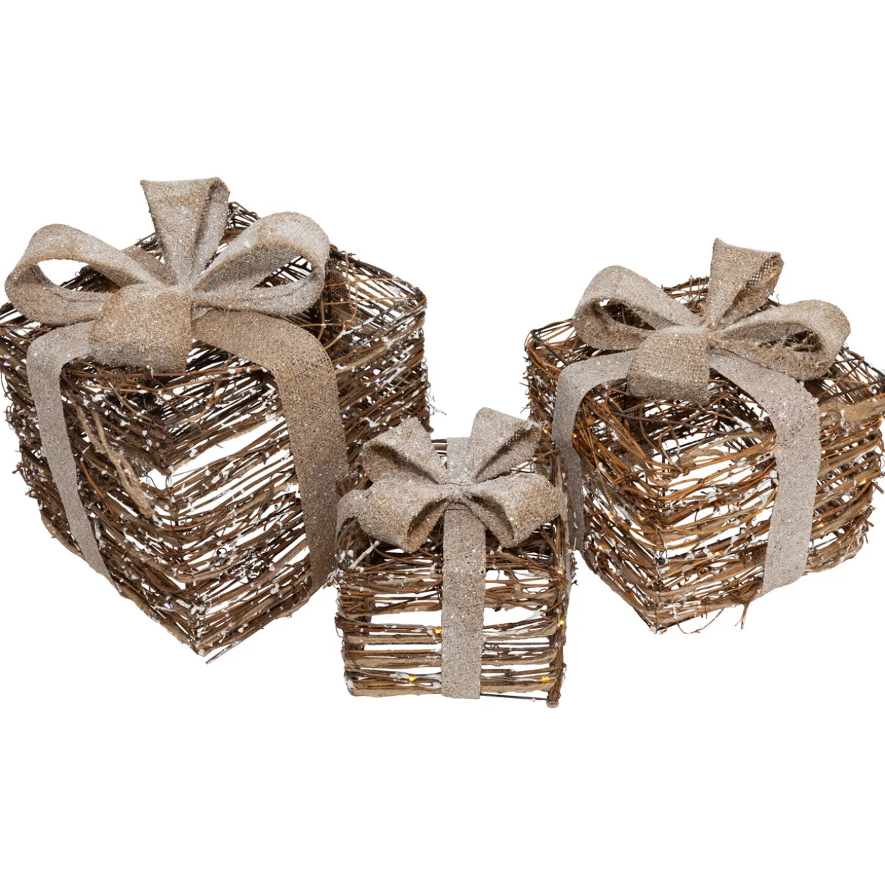 Lighted Rattan Gift Boxes with Burlap Bows Christmas Decorations - 9" - Set of 3