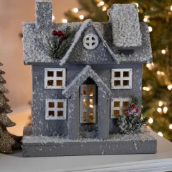 Lighted Snowy House Christmas Decoration - 11" - Gray