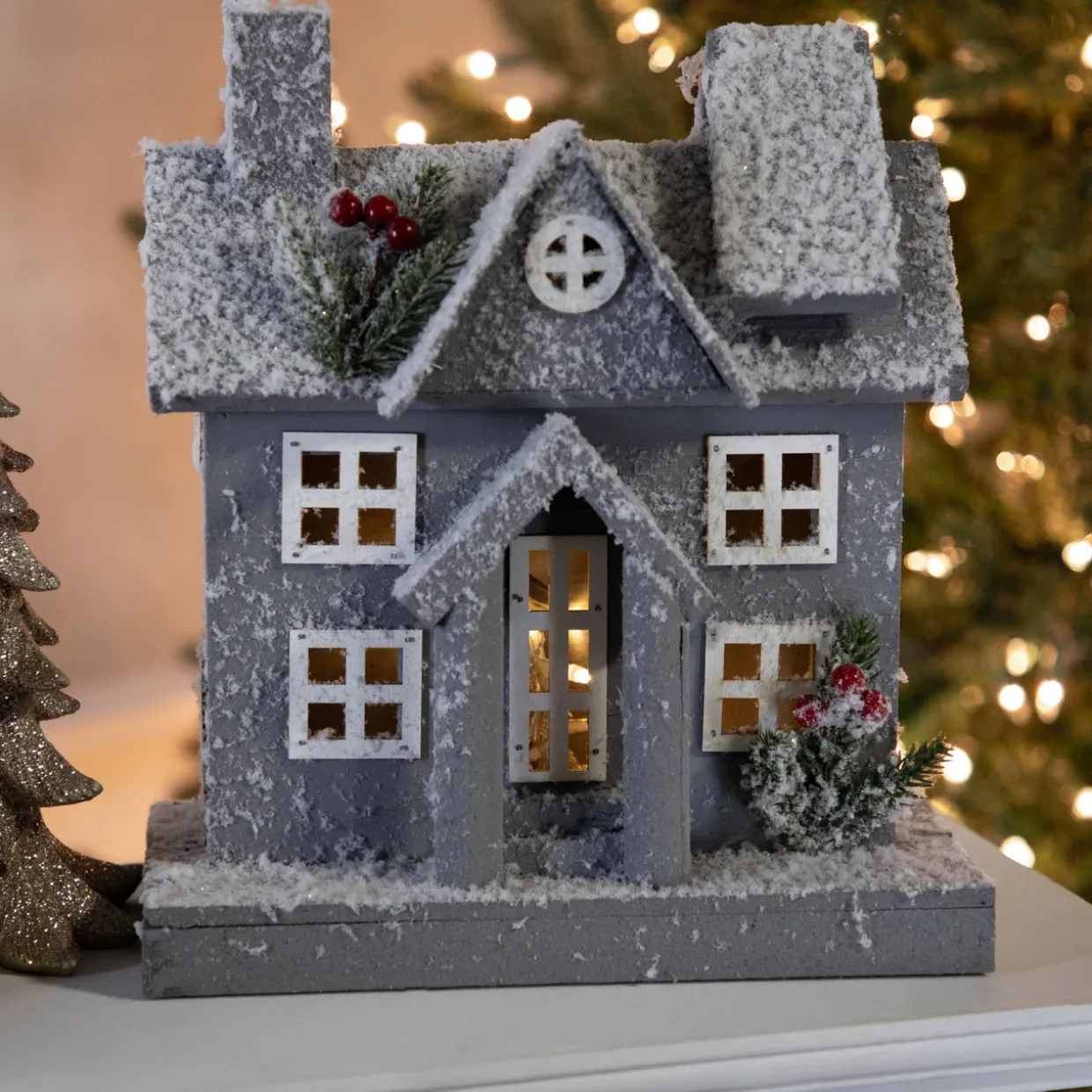 Lighted Snowy House Christmas Decoration - 11" - Gray