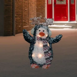 Lighted Snowy Penguin in Antler Hat Outdoor Christmas Decoration - 22" - Warm White