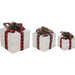 Lighted Textured and Plaid Gift Boxes Outdoor Decorations - Warm White - Set of 3