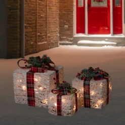 Lighted Textured and Plaid Gift Boxes Outdoor Decorations - Warm White - Set of 3