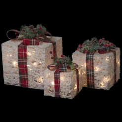 Lighted Textured and Plaid Gift Boxes Outdoor Decorations - Warm White - Set of 3