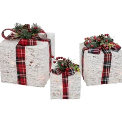 Lighted Textured and Plaid Gift Boxes Outdoor Decorations - Warm White - Set of 3