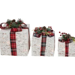 Lighted Textured and Plaid Gift Boxes Outdoor Decorations - Warm White - Set of 3