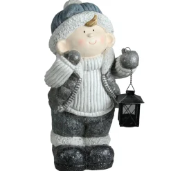 Little Boy Holding a Tea Light Lantern Christmas Figure - 18.5" - White and Gray