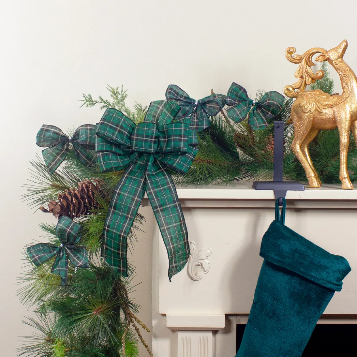 2-Loop Christmas Bow Decorations - 5.5" - Green and Black - Pack of 6