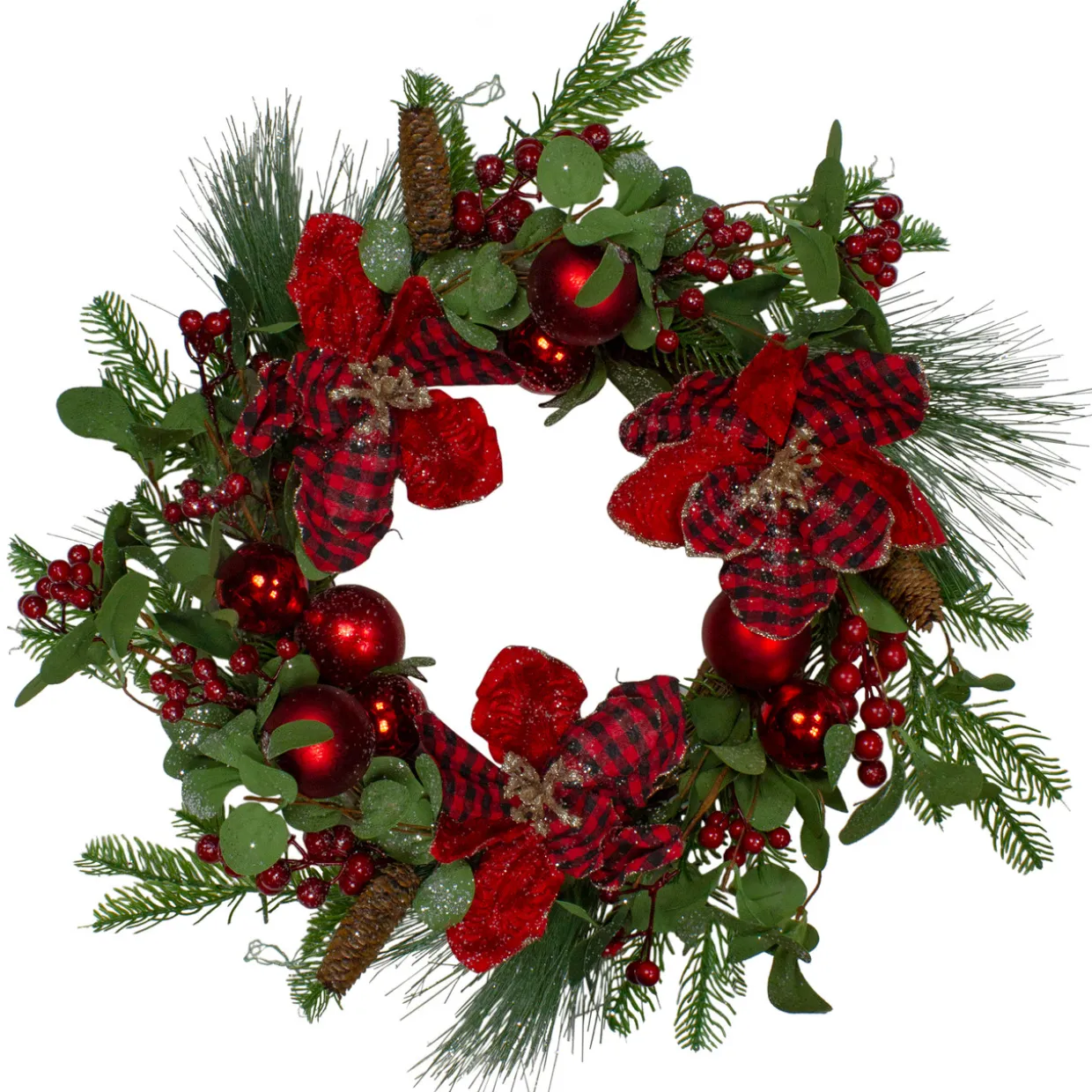 Magnolia and Red Berries Artificial Christmas Wreath - 22-Inch, Unlit