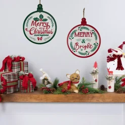 Merry and Bright Ornament Style Metal Christmas Wall Signs - 14" - Red and Green - Set of 2