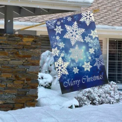 Merry Christmas and Snowflakes Blue and White House Flag 28