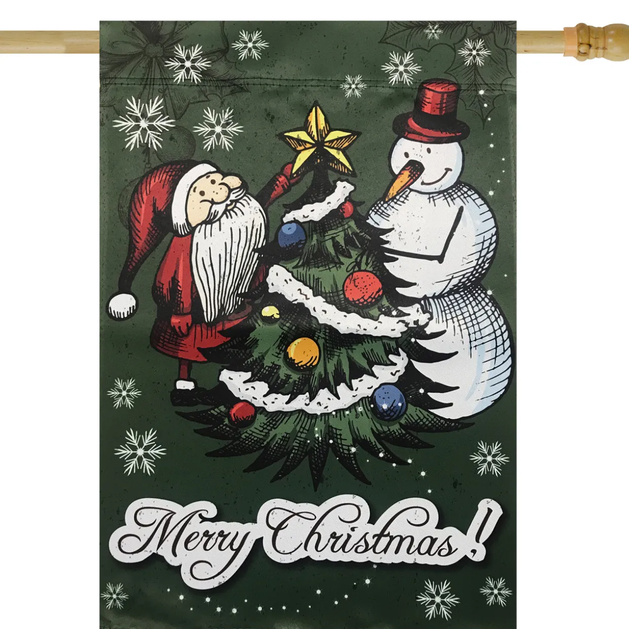 Merry Christmas Santa and Snowman Outside House Flag 28" x 40"