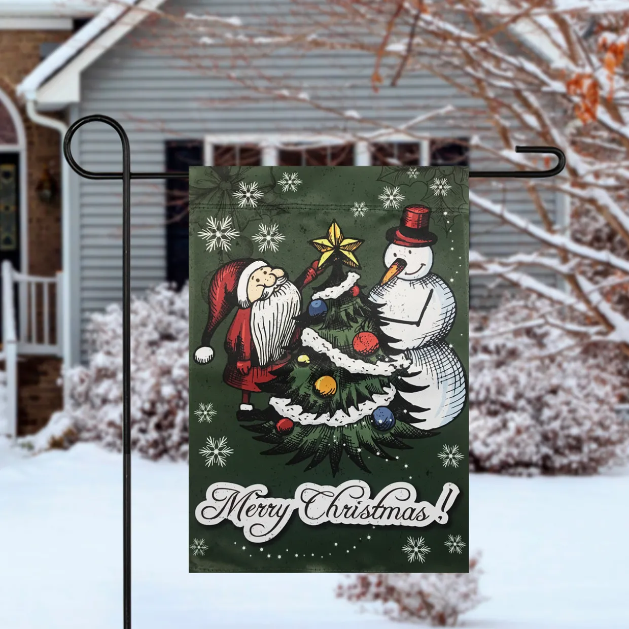 Merry Christmas Santa and a Snowman Garden Flag 12.5" x 18"