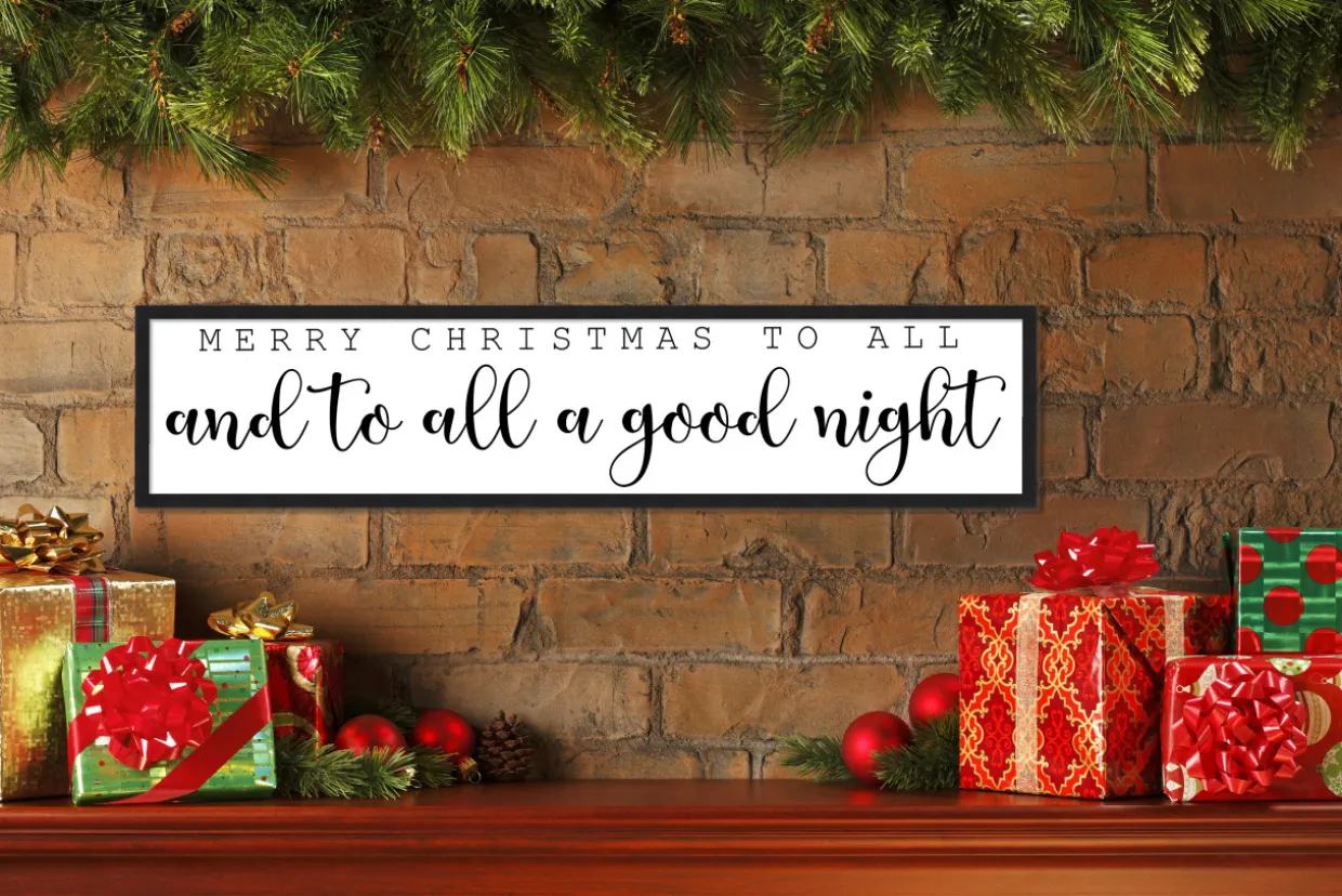 Merry Christmas To All and To All a Good Night 7.5" x 31.5" Framed Christmas Wall Decor Sign Poster in a Natural Wooden Frame with UV Acrylic