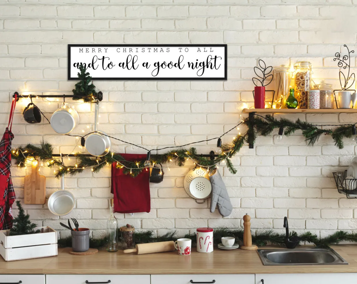 Merry Christmas To All and To All a Good Night 7.5" x 31.5" Framed Christmas Wall Decor Sign Poster in a Natural Wooden Frame with UV Acrylic