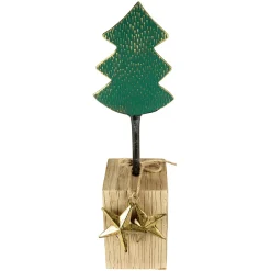 Metal Tree with Stars and Chunky Wooden Base Christmas Decoration - 16.75" - Green