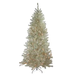 Metallic Platinum Artificial Tinsel Christmas Tree - 7 ft Clear Lights