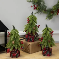 Mini Downswept Pine Artificial Christmas Trees with Pine Cones - 9" - Set of 3