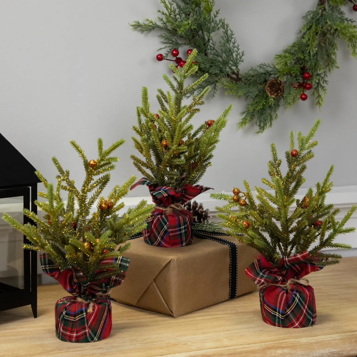 Mini Glittered Pine with Berries Artificial Christmas Trees - 9" - Set of 3