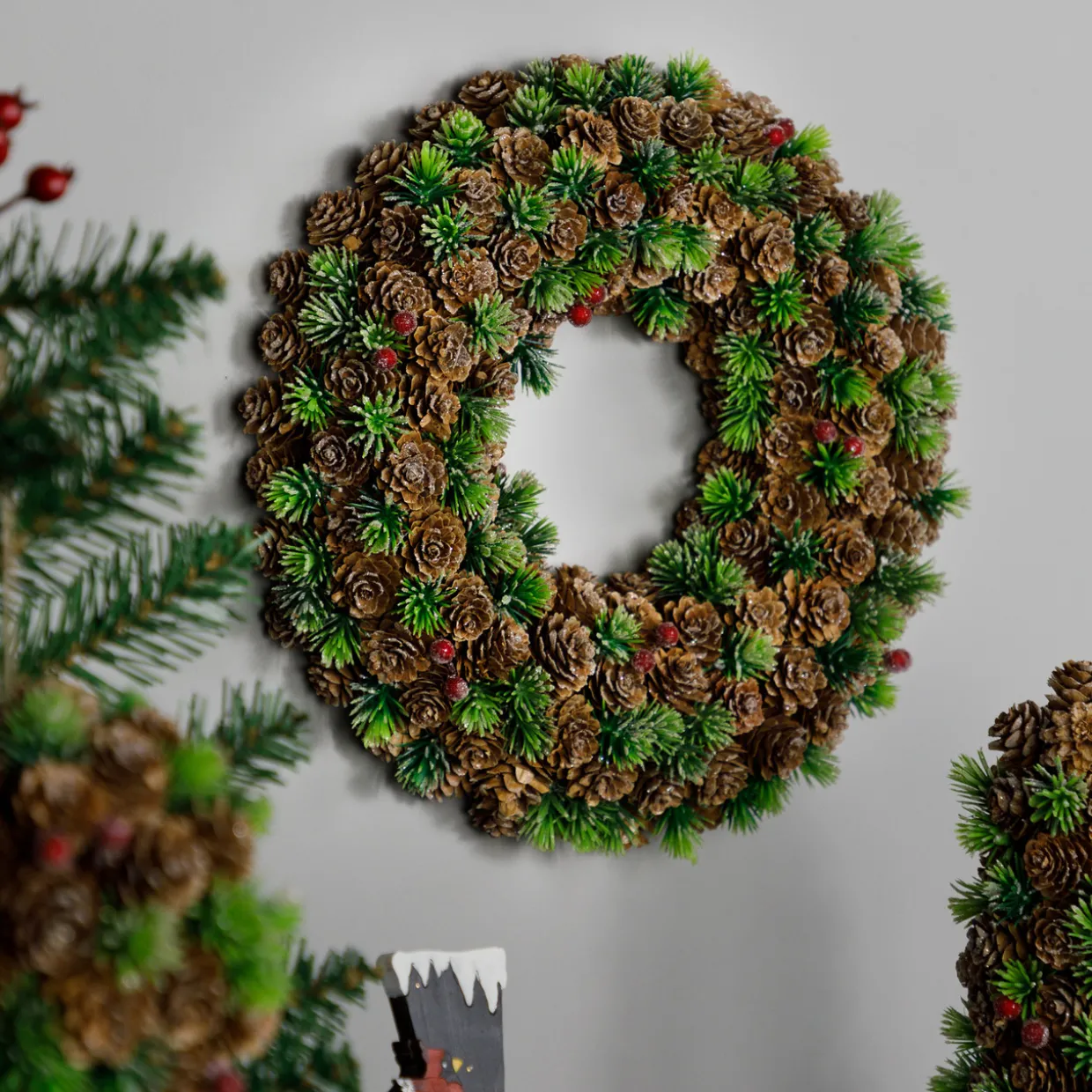 MIni Pinecone and Berries Frosted Christmas Wreath - 13" - Unlit