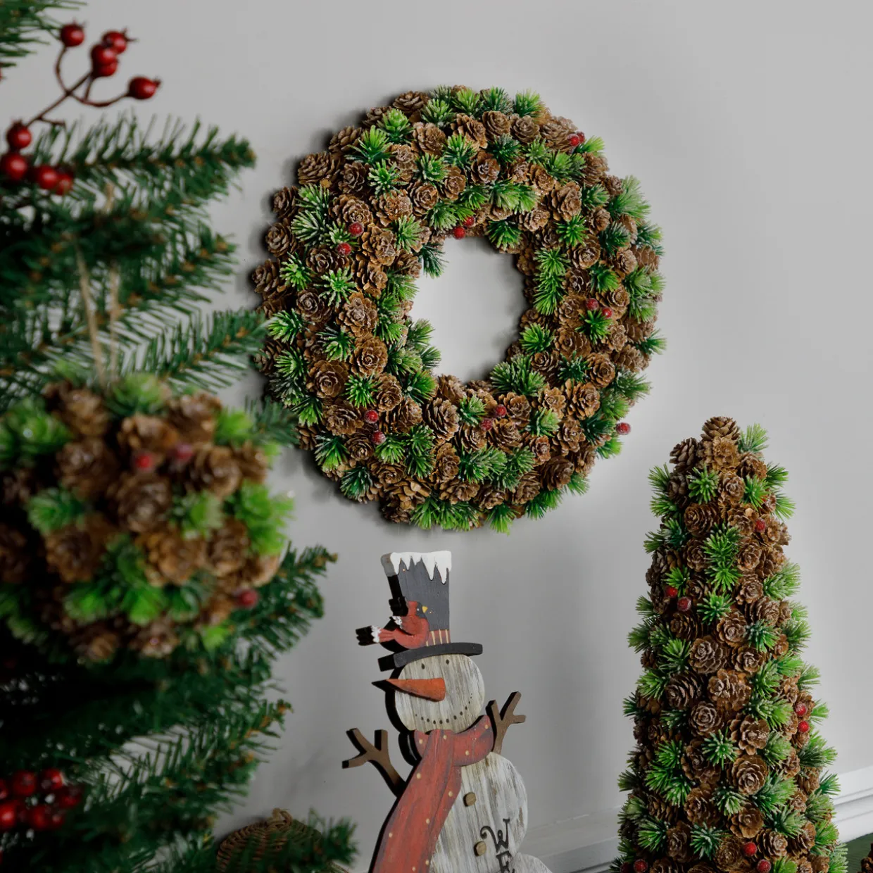 MIni Pinecone and Berries Frosted Christmas Wreath - 13" - Unlit