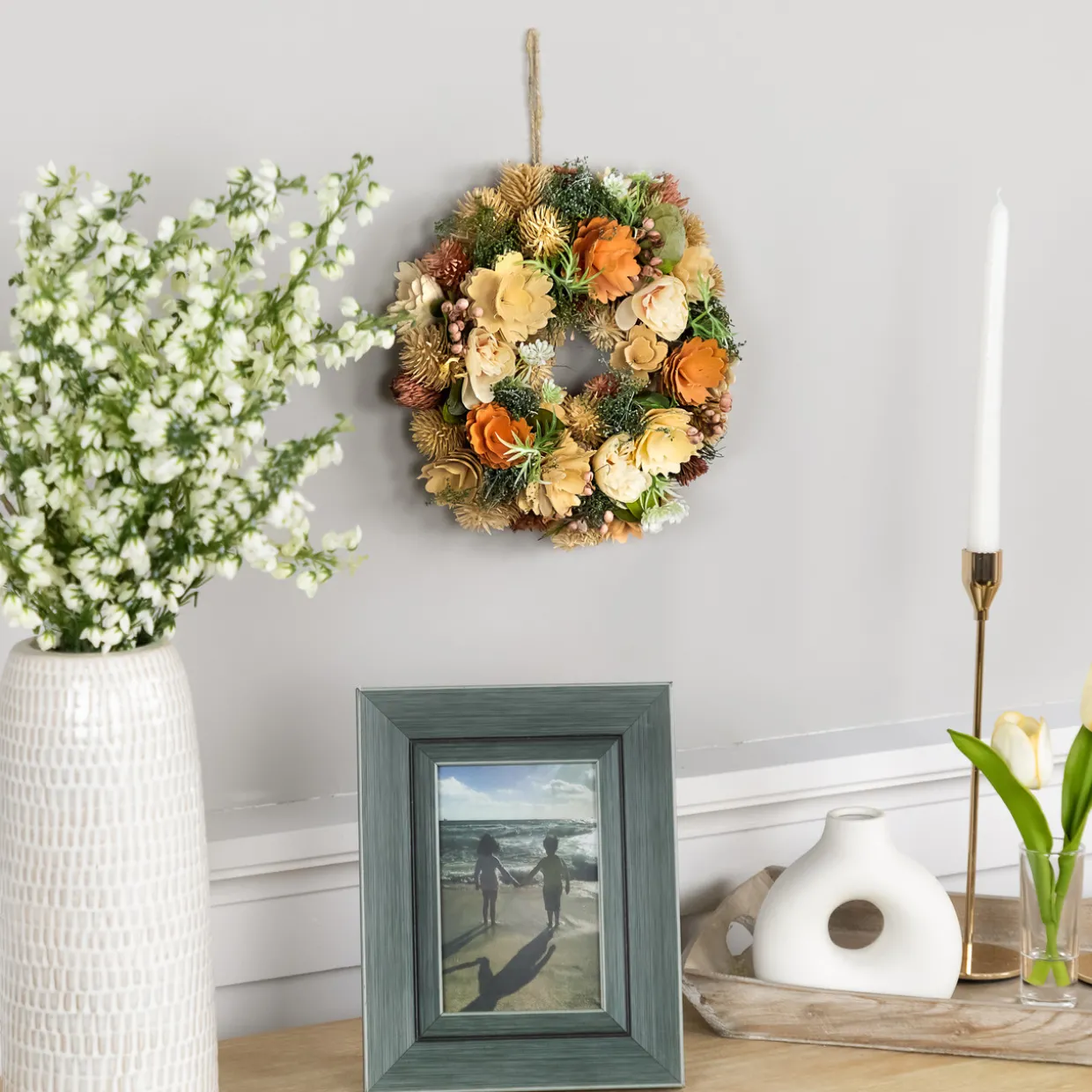 Mixed Floral Artificial Spring Wreath - 9.75" - Beige and Peach