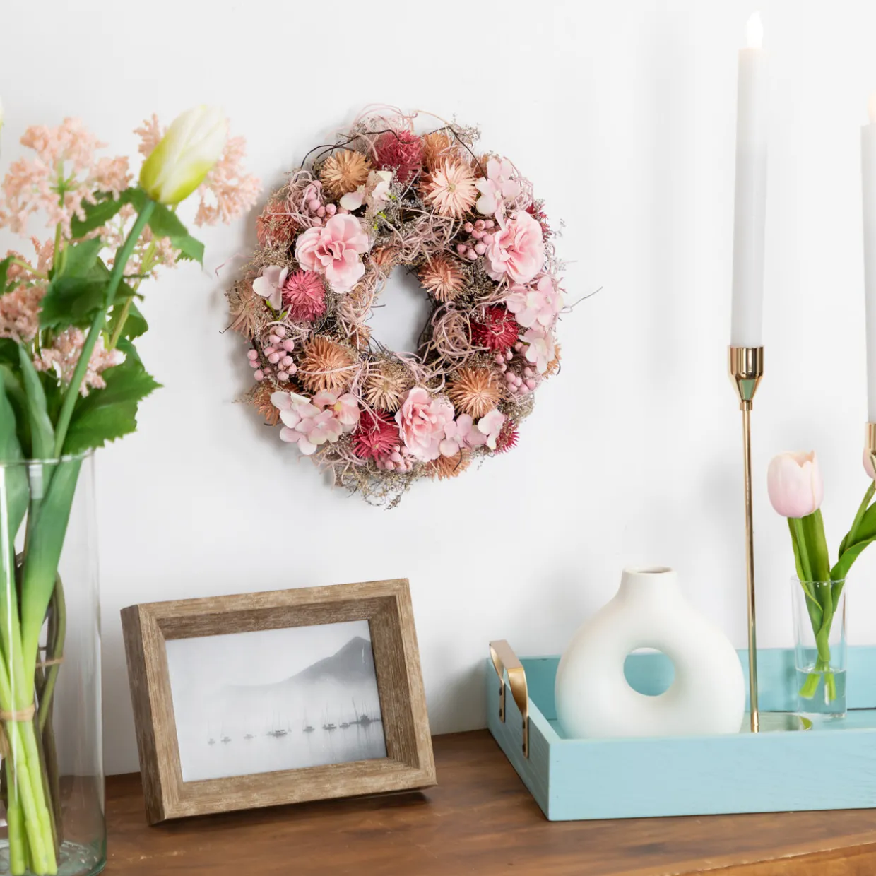 Mixed Floral Artificial Spring Wreath - 9.75" - Pink