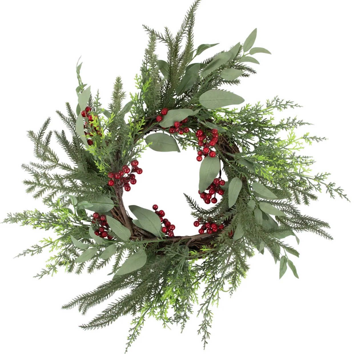 Mixed Foliage and Red Berries Artificial Christmas Wreath, 24-Inch, Unlit
