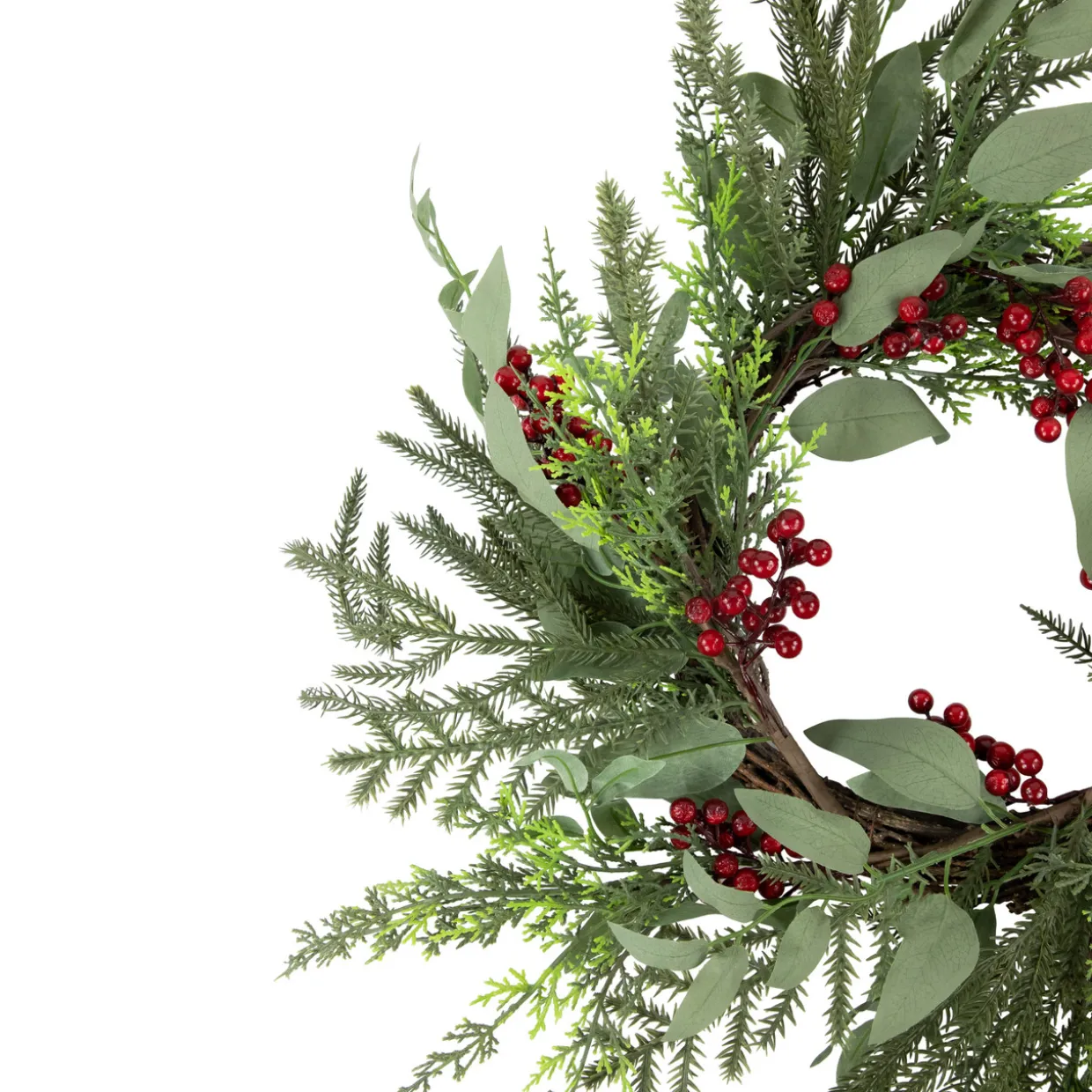 Mixed Foliage and Red Berries Artificial Christmas Wreath, 24-Inch, Unlit