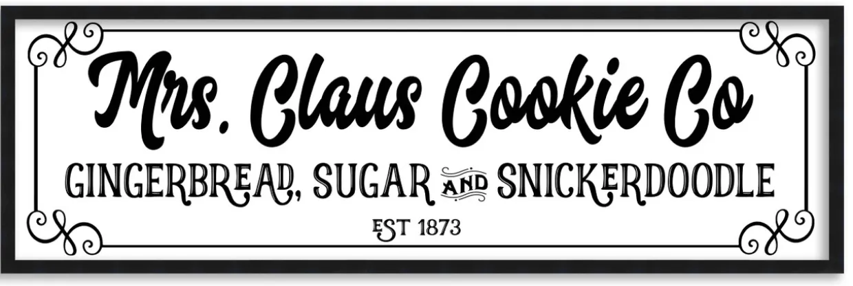 Mrs Claus Cookie Company 9.5" x 25.5" Framed Christmas Wall Decor Art Print Sign Poster in a Black Wooden Frame with UV Acrylic and Hangers