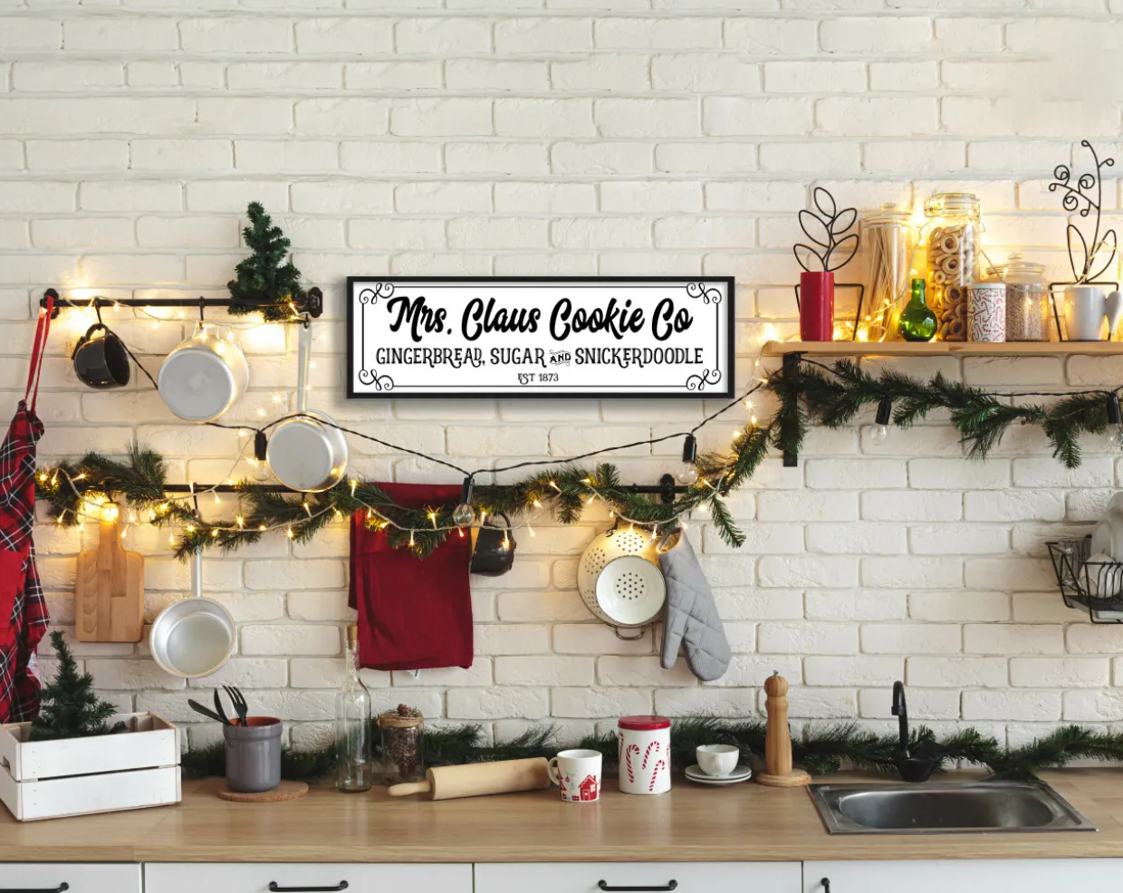 Mrs Claus Cookie Company 9.5" x 25.5" Framed Christmas Wall Decor Art Print Sign Poster in a Black Wooden Frame with UV Acrylic and Hangers