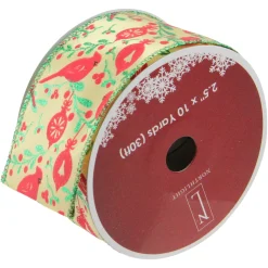 Mustard Yellow and Red Cardinals Wired Christmas Craft Ribbon 2.5" x 10 Yards