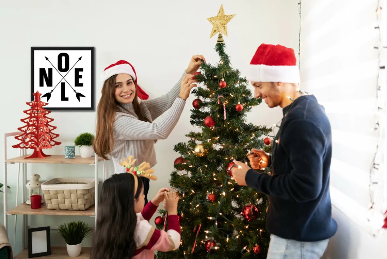 Noel Campsite Compass 15.5" x 15.5" Framed Christmas Wall Decor Art Print Sign Poster in a Black Wooden Frame with UV Acrylic and Hangers