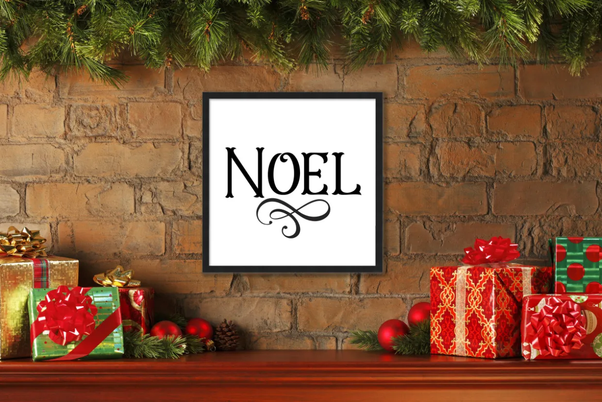 Noel Vintage 15.5" x 15.5" Framed Christmas Wall Decor Art Print Sign Poster in a Black Wooden Frame with UV Acrylic and Hangers