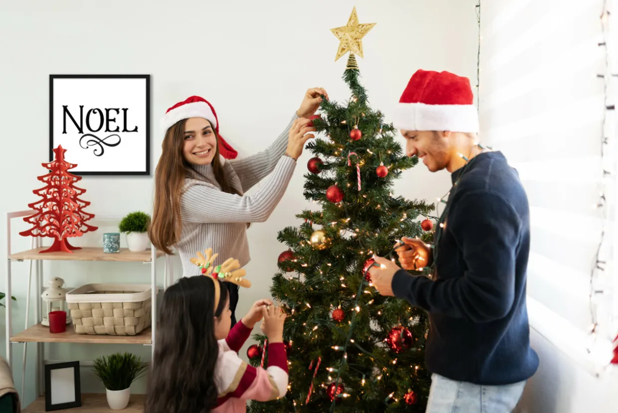 Noel Vintage 15.5" x 15.5" Framed Christmas Wall Decor Art Print Sign Poster in a Black Wooden Frame with UV Acrylic and Hangers