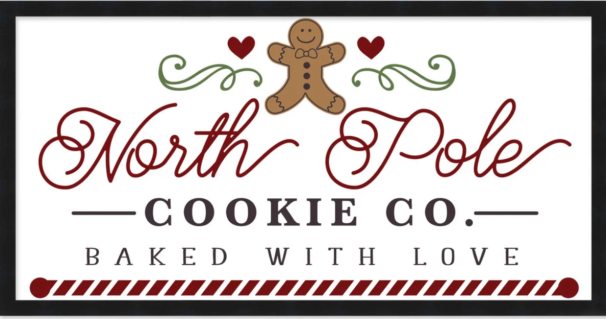 North Pole Cookie Company Gingerbread 11.5" x 21.5" Framed Christmas Wall Decor Sign Poster in a Black Wooden Frame with UV Acrylic and Hangers