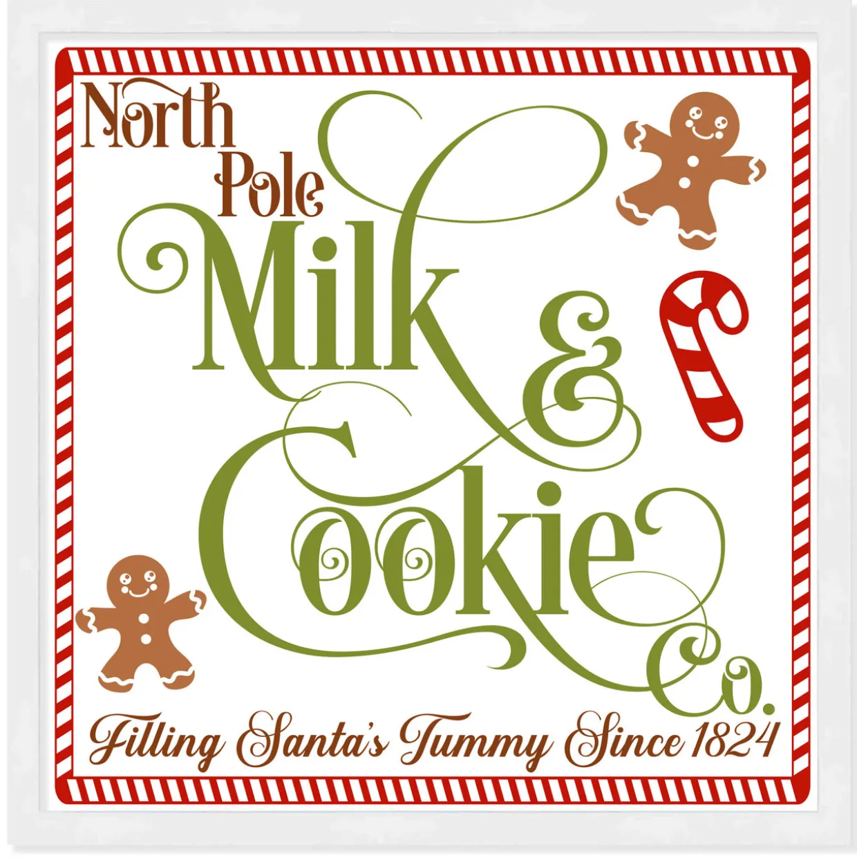 North Pole Milk and Cookie Co 9.5" x 9.5" Framed Christmas Wall Decor Art Print Sign Poster in a Natural Wooden Frame with UV Acrylic and Hangers
