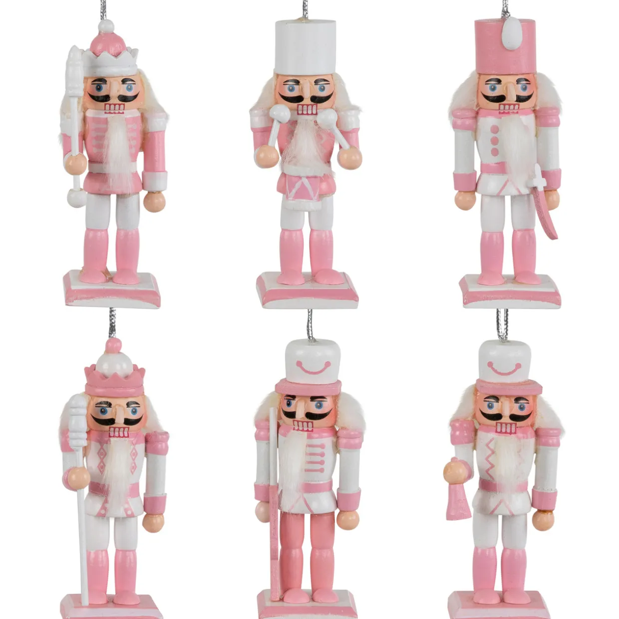 Nutcracker Soldier Christmas Ornaments - 3.25" - Pink and White - Set of 6