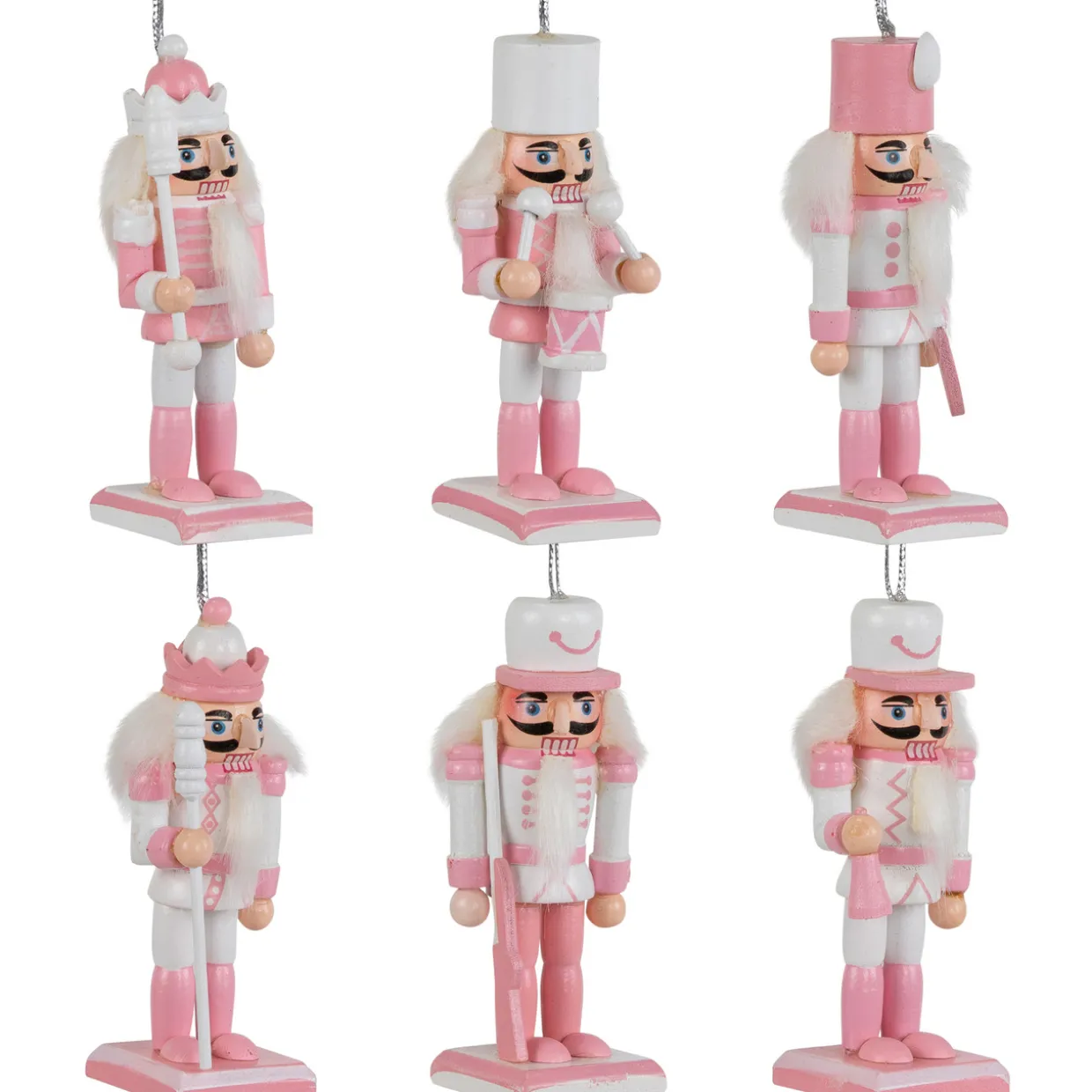 Nutcracker Soldier Christmas Ornaments - 3.25" - Pink and White - Set of 6