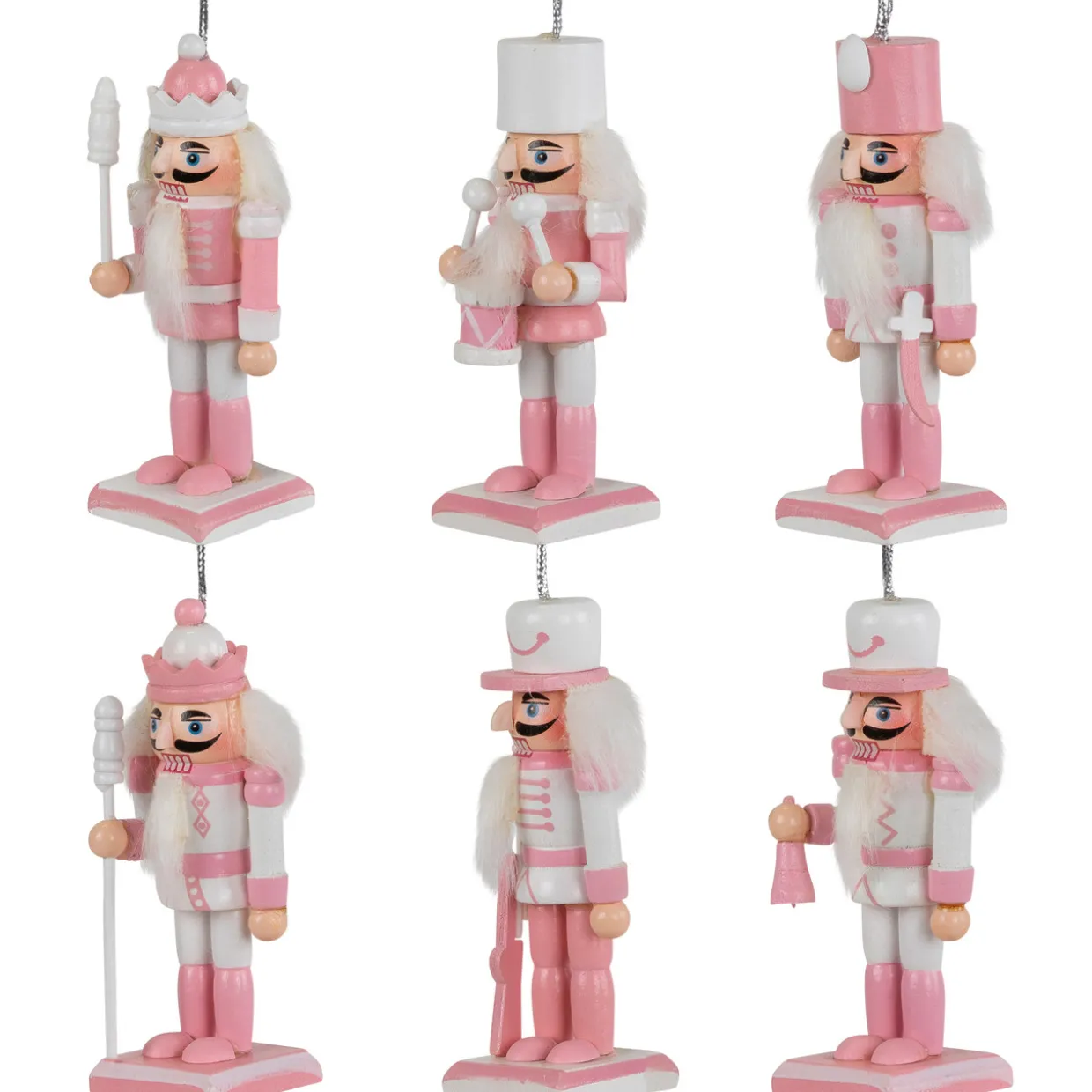 Nutcracker Soldier Christmas Ornaments - 3.25" - Pink and White - Set of 6