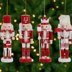 Nutcracker Soldiers Wooden Christmas Ornaments - 5" - Red and White - Set of 4