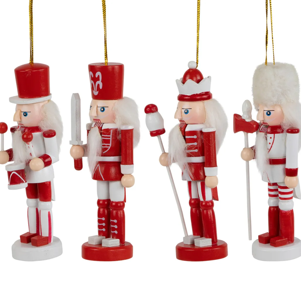 Nutcracker Soldiers Wooden Christmas Ornaments - 5" - Red and White - Set of 4