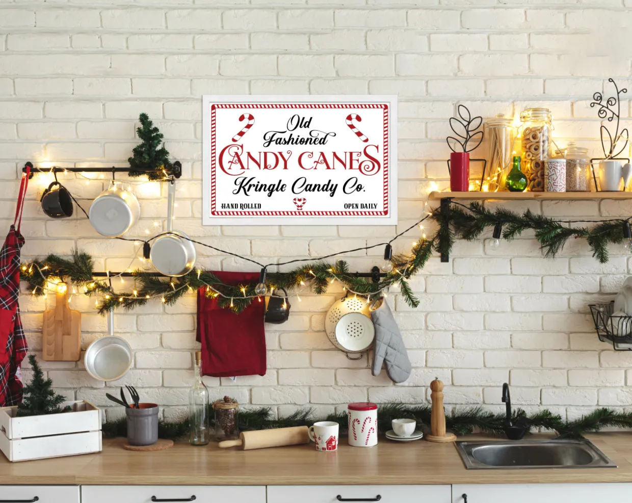 Old Fashioned Candy Canes Kringle Candy Co 13.5" x 19.5" Framed Christmas Wall Decor Sign Poster in a Natural Wooden Frame with UV Acrylic