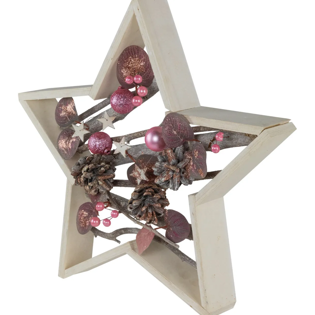 Ornaments and Pinecones Star-Shaped Birch Wood Christmas Decoration - 14.5"
